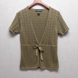 Monterey Bay Pointelle Knit Cardigan M Olive Green Tie Cottagecore Boho Y2K